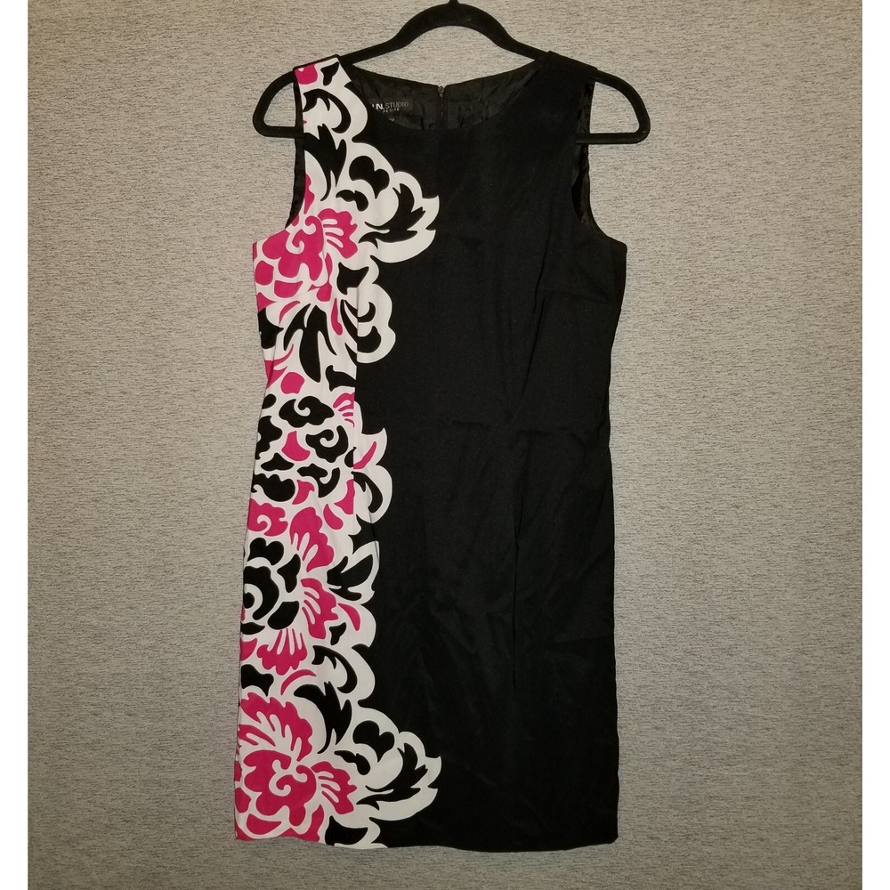 I.N Studio Petite Sheath Dress 12P Black Pink Floral Comfort Stretch Sleeveless